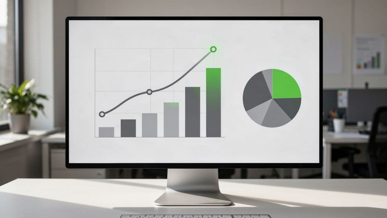 Monitor displays line graph of declining phishing click rates over six months, bar chart of detection rates, and pie chart of user segments.