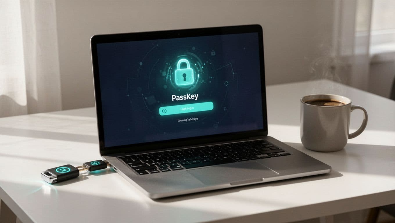 Laptop on desk displays passkey login prompt with hardware security key in USB port next to coffee mug.
