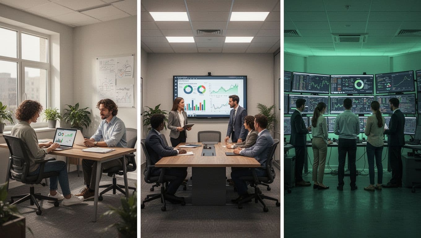 Side-by-side illustrations of small team reviewing results, mid-size group analyzing data, enterprise control center.