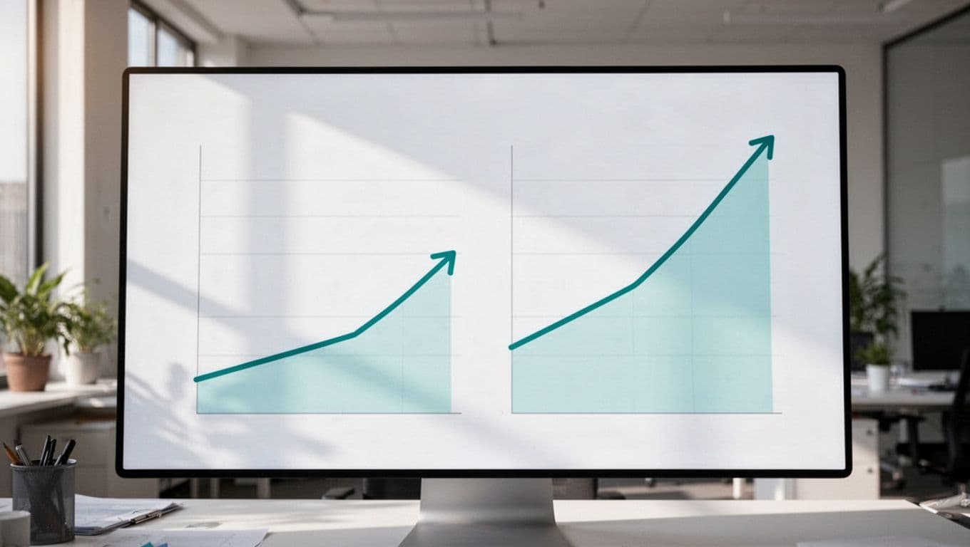 Side-by-side line graphs on office digital dashboard: left steady pilot increase, right steep enterprise rise.