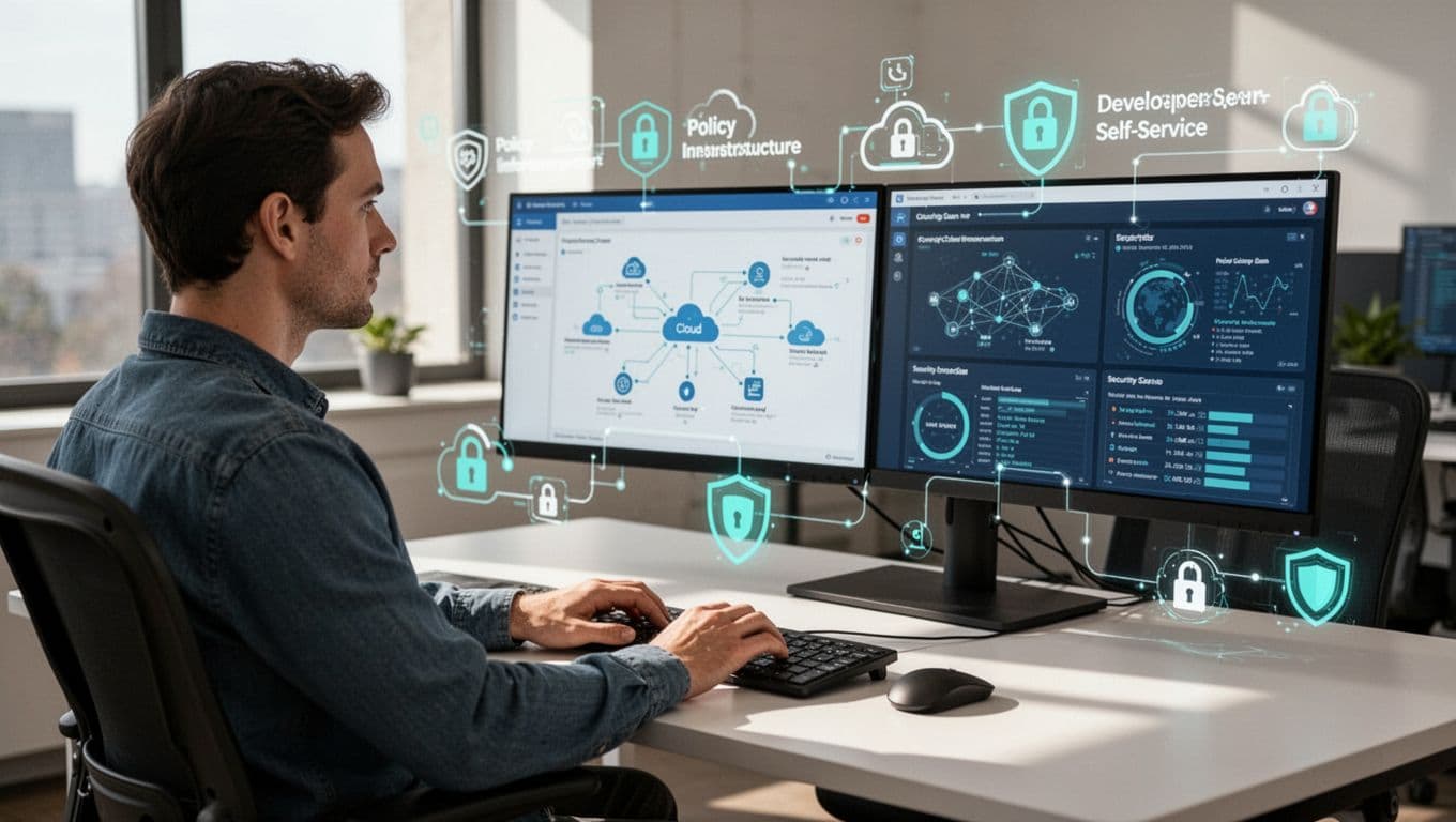 Platform security engineer seated at modern office desk with dual monitors showing Kubernetes dashboard and security scans, floating icons of paths, policies, and self-service.
