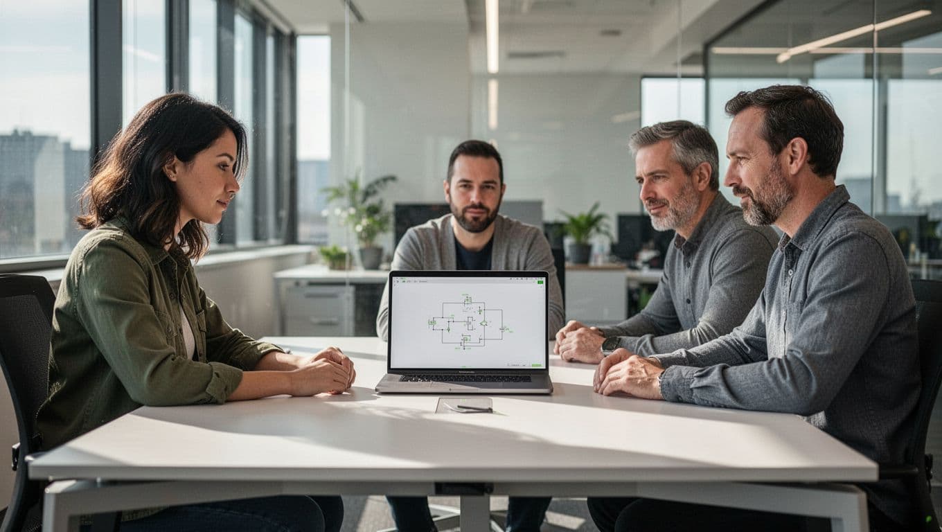 Candidate and two engineering leaders discuss laptop diagram at conference table in modern office.