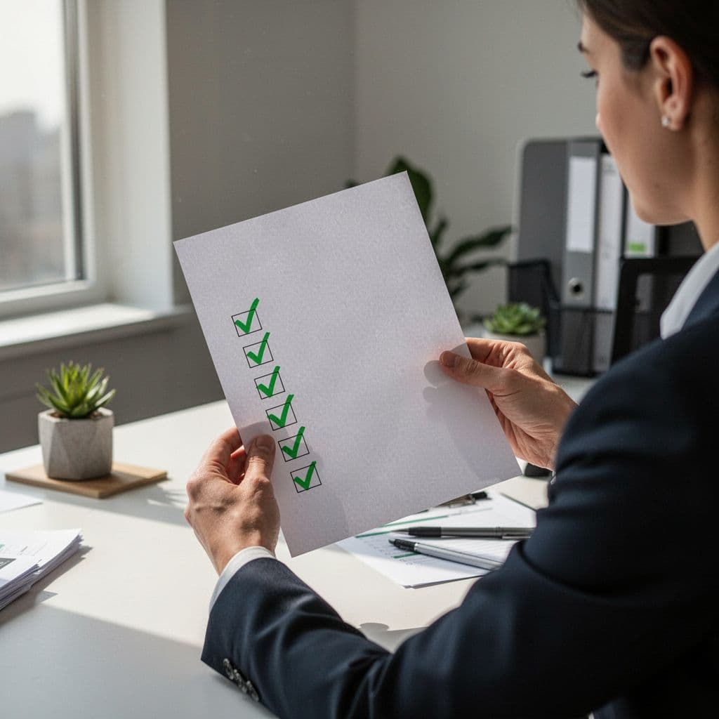 Business professional holds checklist with green ticks on data classification and approval workflow items on office desk.