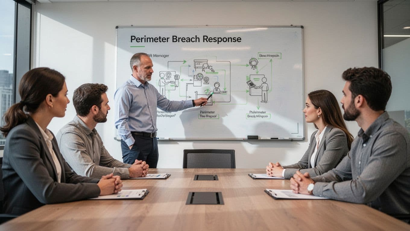 Facilities manager points at whiteboard diagram of perimeter breach response steps with five seated team members in conference room.