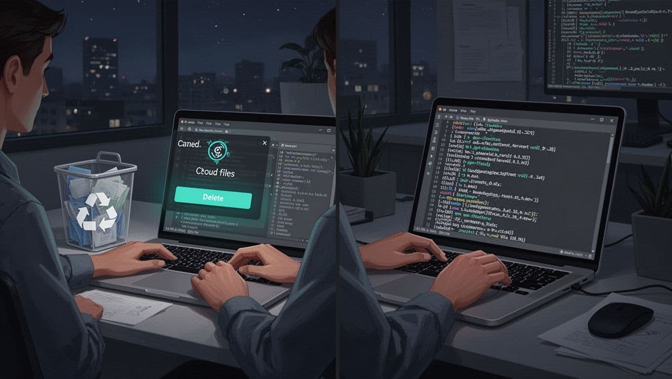 Split scene in dim night office: person analyzes logs on laptop and securely deletes cloud files into recycle bin with data icons.