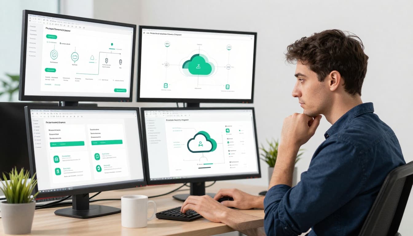 Principal cloud security engineer at desk with multiple monitors showing cloud architecture, security alerts, and compliance dashboards in office with plants and coffee.