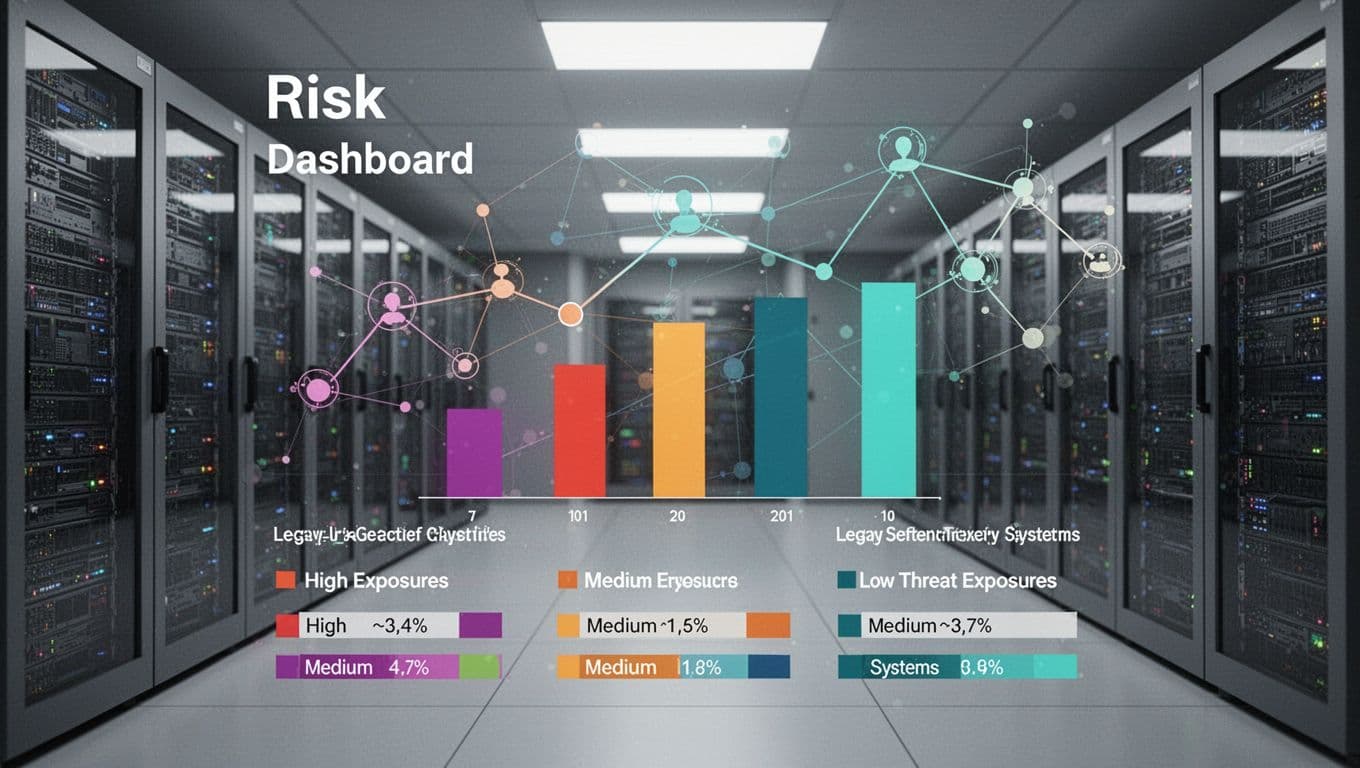 Dashboard shows high, medium, low threat exposures for legacy systems with charts and nodes in data center background.