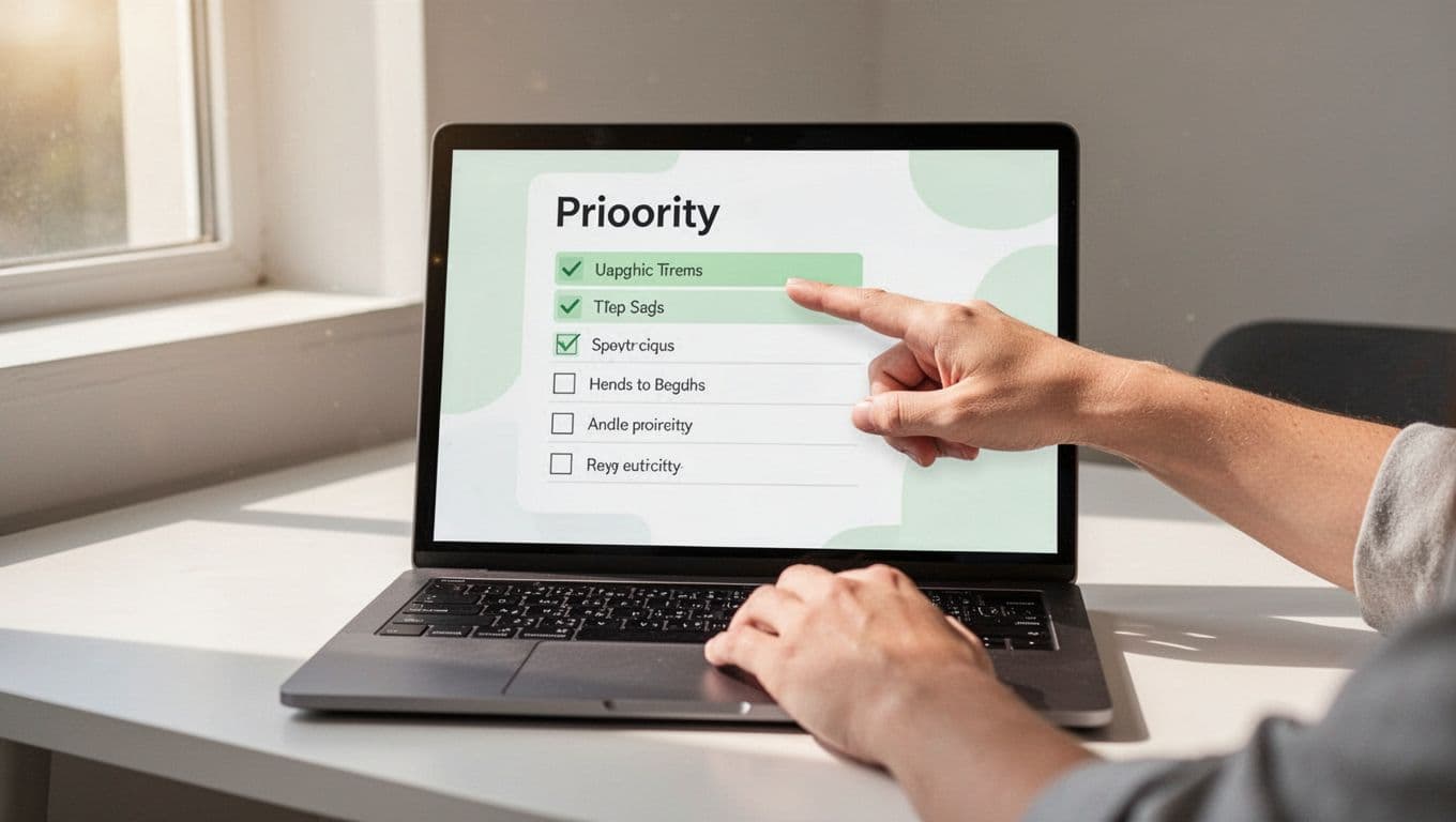 Laptop screen shows prioritized security list in startup workspace, hand highlights top items.