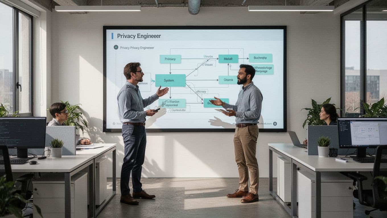 Privacy engineer and two developers review architecture diagrams on large screen in modern office.