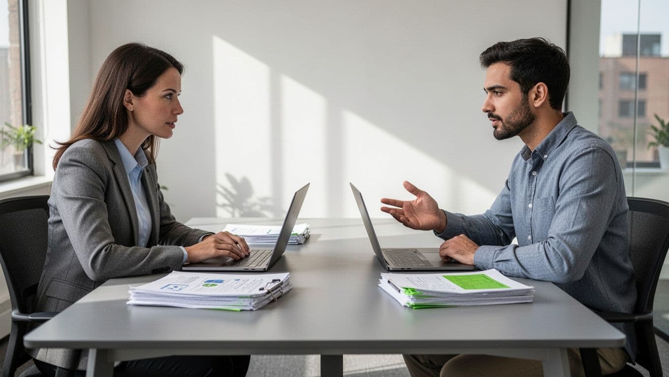 Hiring manager and privacy engineer candidate discuss at table with laptops and green-highlighted notes.