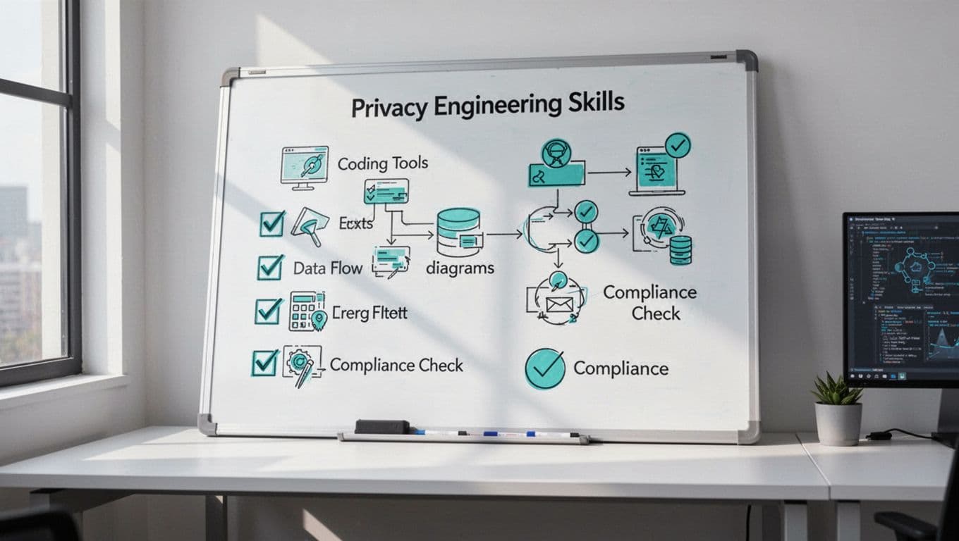 Whiteboard in tech workspace shows icons for privacy engineer skills: coding tools, data flow diagrams, compliance audits.
