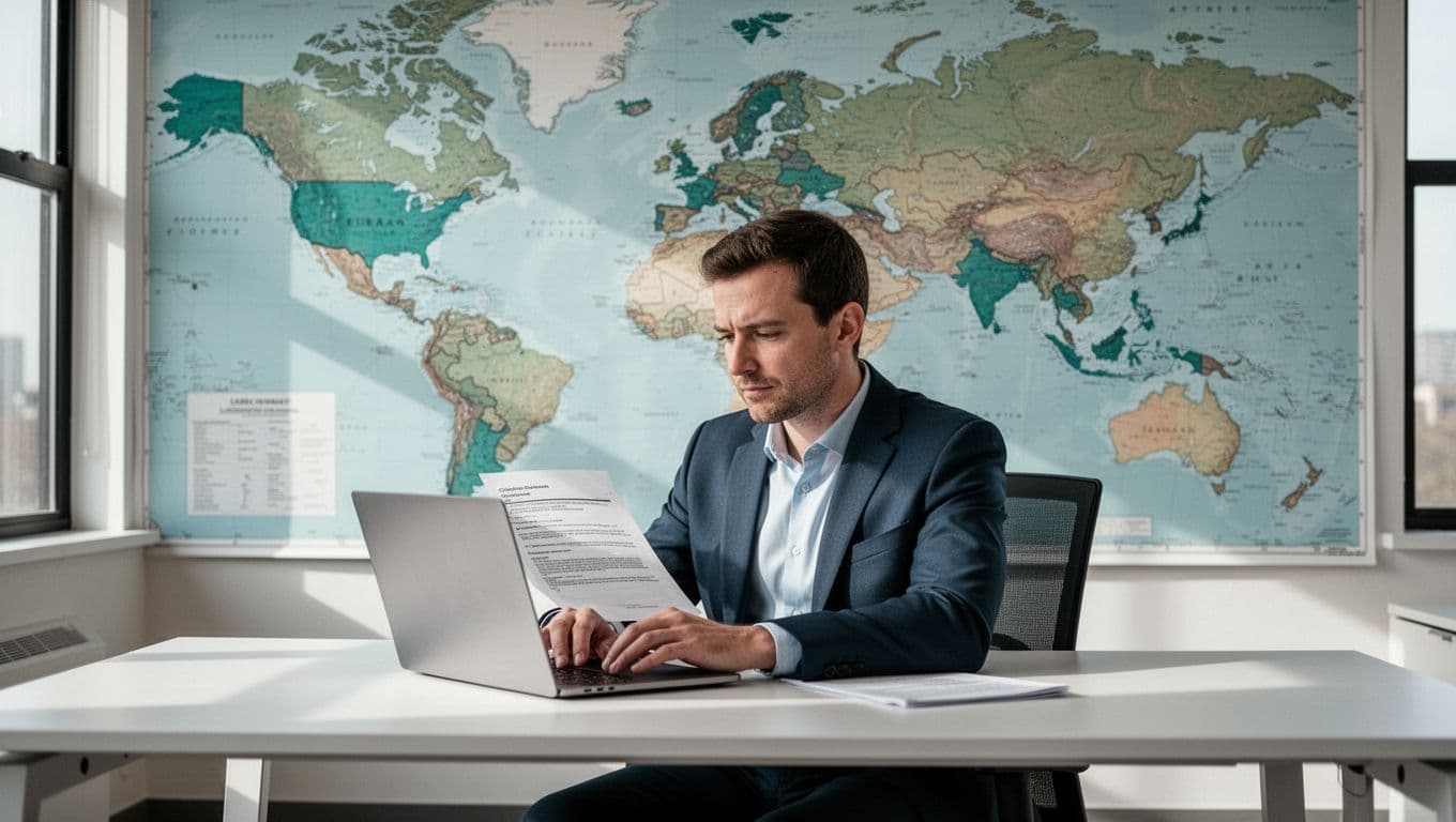 Professional at modern office desk reviews privacy documents on laptop amid maps of EU, US, and Asia.