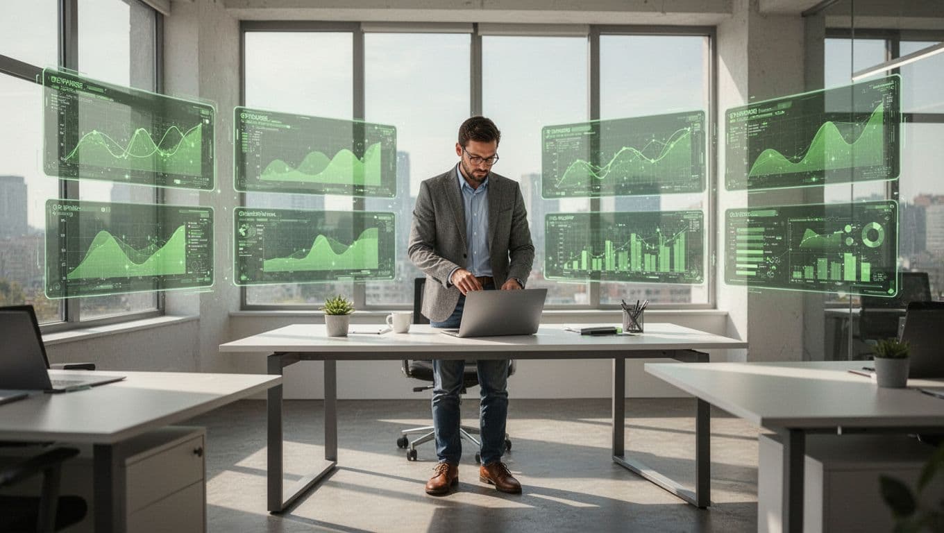 Professional stands at desk in modern office with laptop and displays showing abstract data compliance charts.