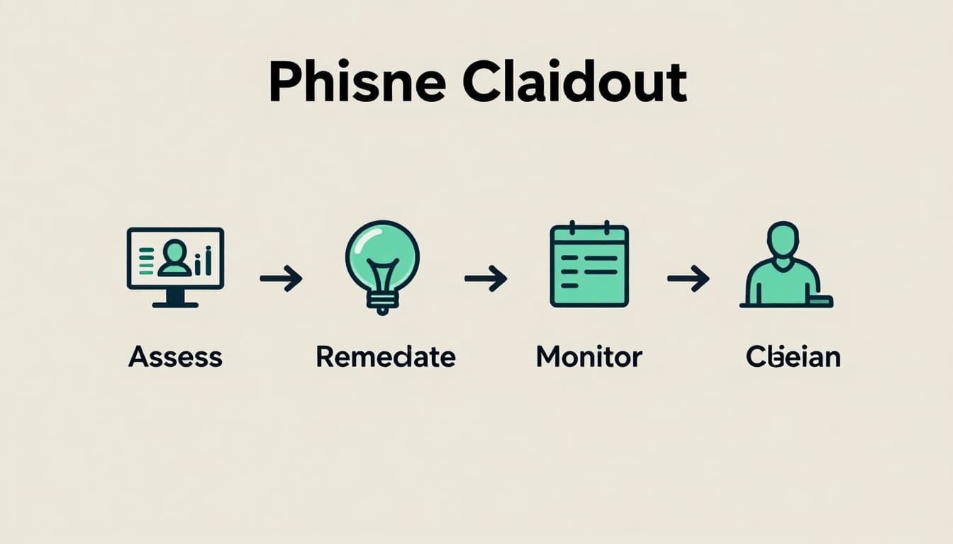 Horizontal timeline with icons for assess, remediate, monitor, optimize phases, connected by lines on neutral background with green accents.