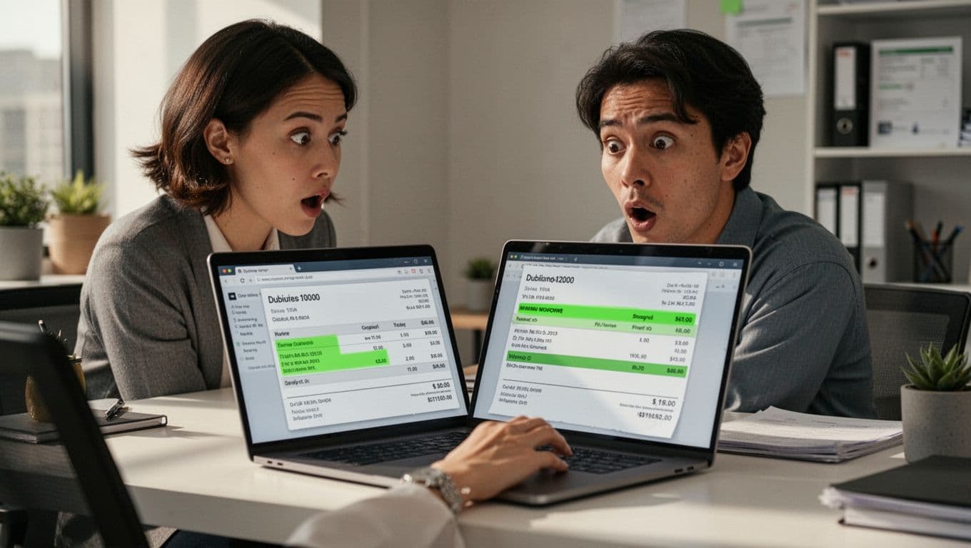 Procurement professional at desk surprised by laptop screen showing fake vendor invoice with urgent payment and highlighted bank details.