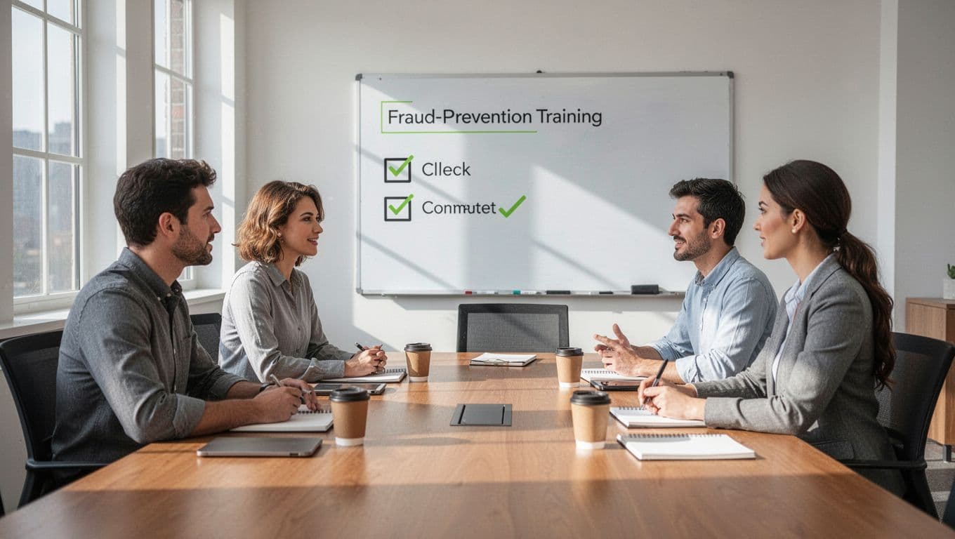 Three procurement team members in conference room discuss fraud prevention beside whiteboard checklist.