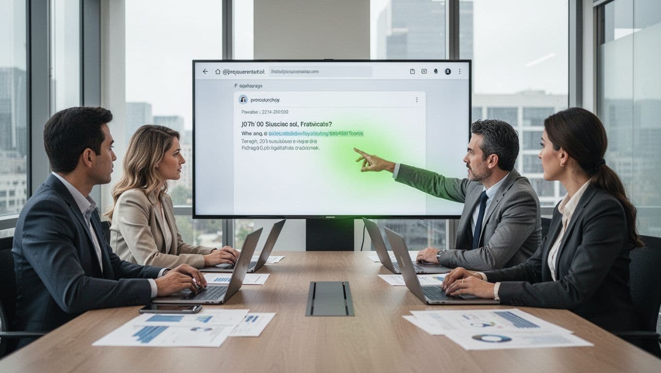 Three professionals in a conference room examine a shared screen with a fake supplier email, one pointing to suspicious details.