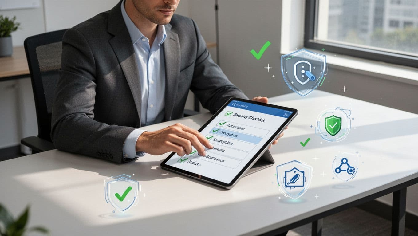 Product manager at desk checks off security items on tablet amid authentication, encryption, and audit icons.