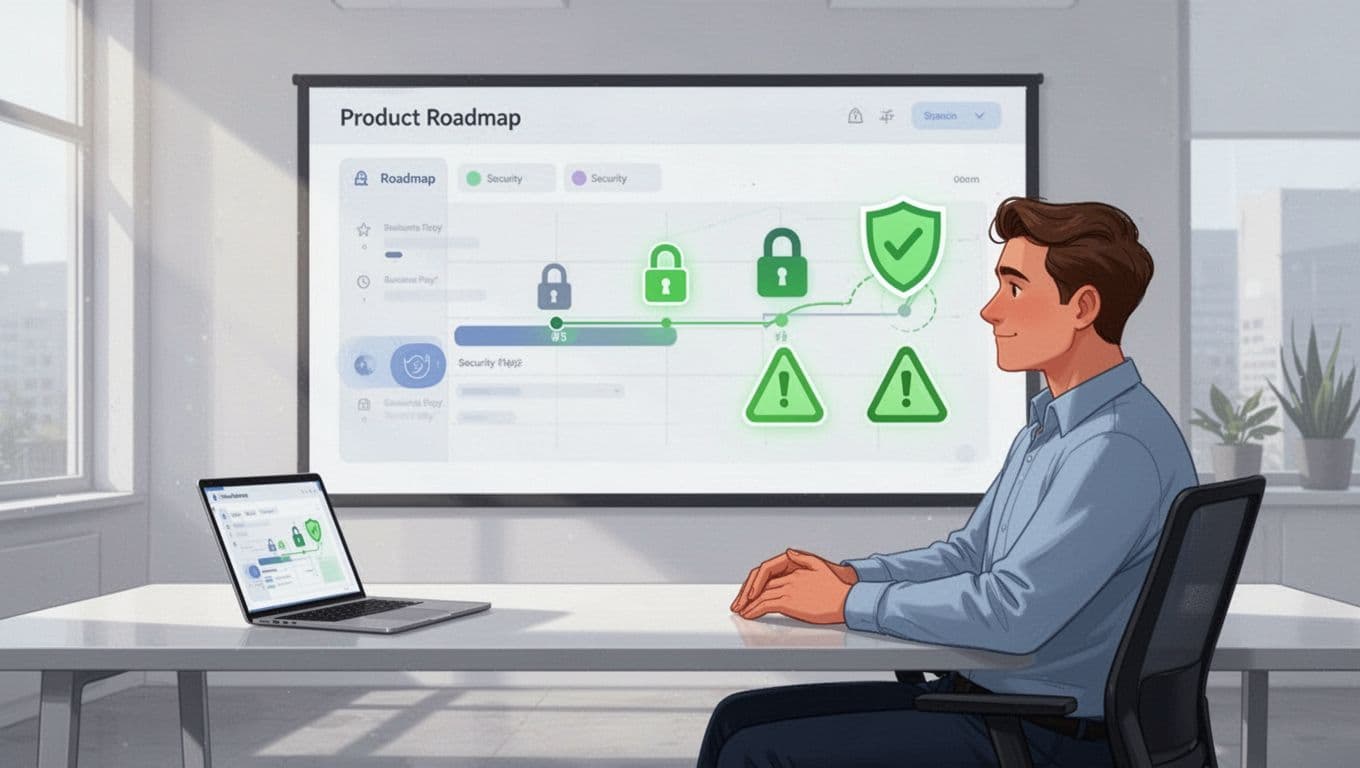 Product manager examines digital roadmap board with integrated security icons like locks and shields in office with desk and laptop.