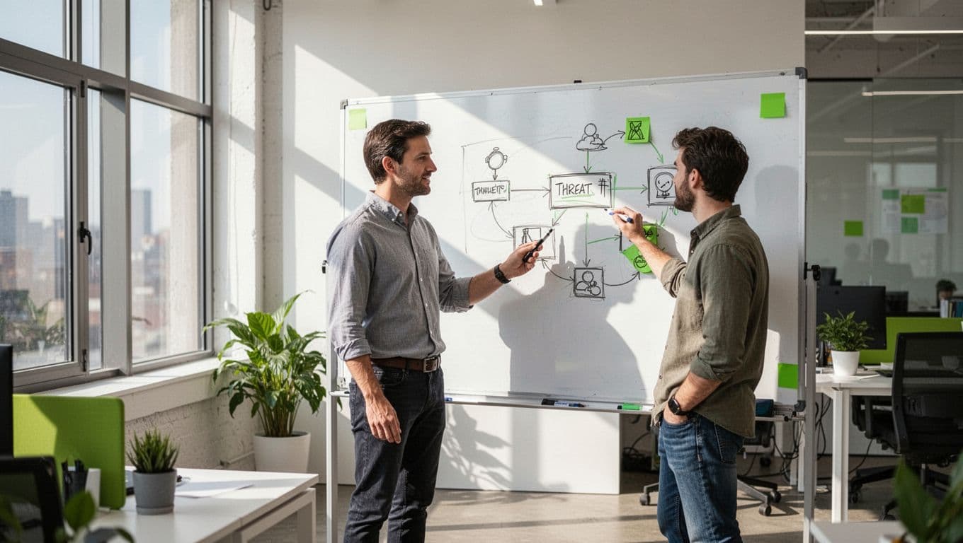 Product security manager leads meeting with two developers in bright SaaS office, whiteboard threat model diagram in background.
