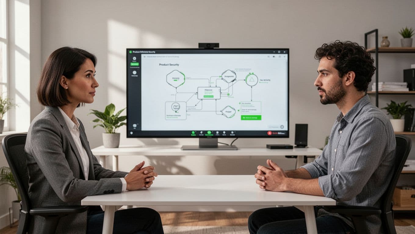 Hiring manager interviews product security candidate over video call with shared threat model diagram on screen.