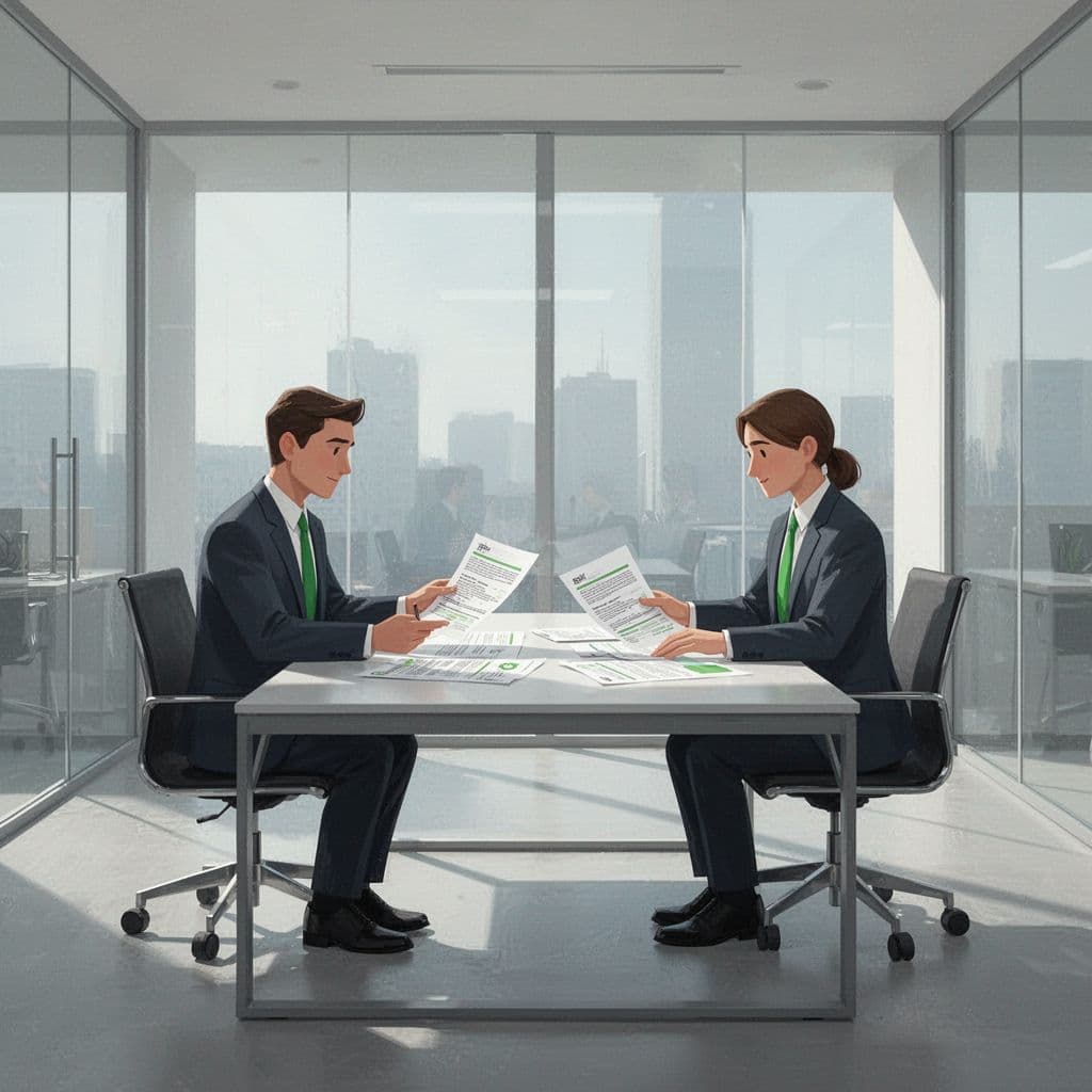 Two professionals review documents together at a clean modern desk in a bright office environment.