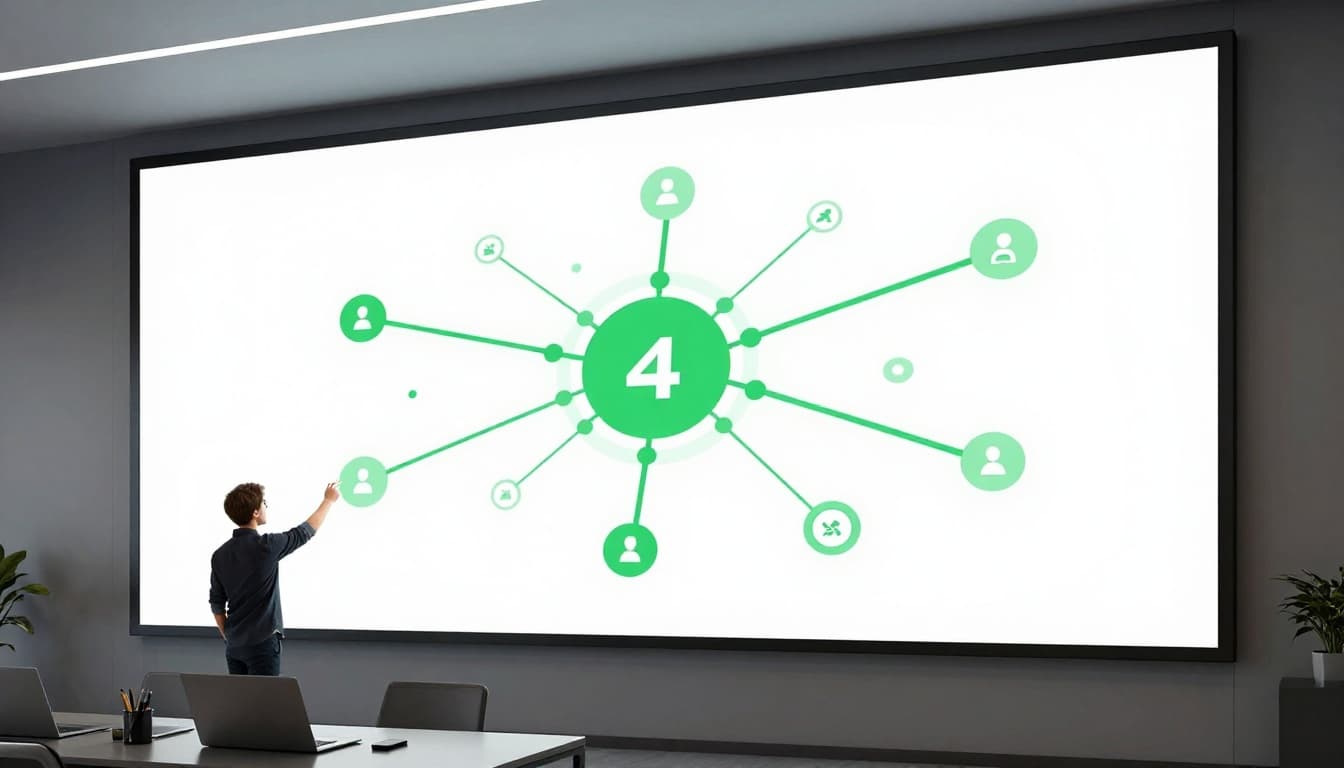 A professional stands before a large wall screen displaying a glowing, abstract network of data points.
