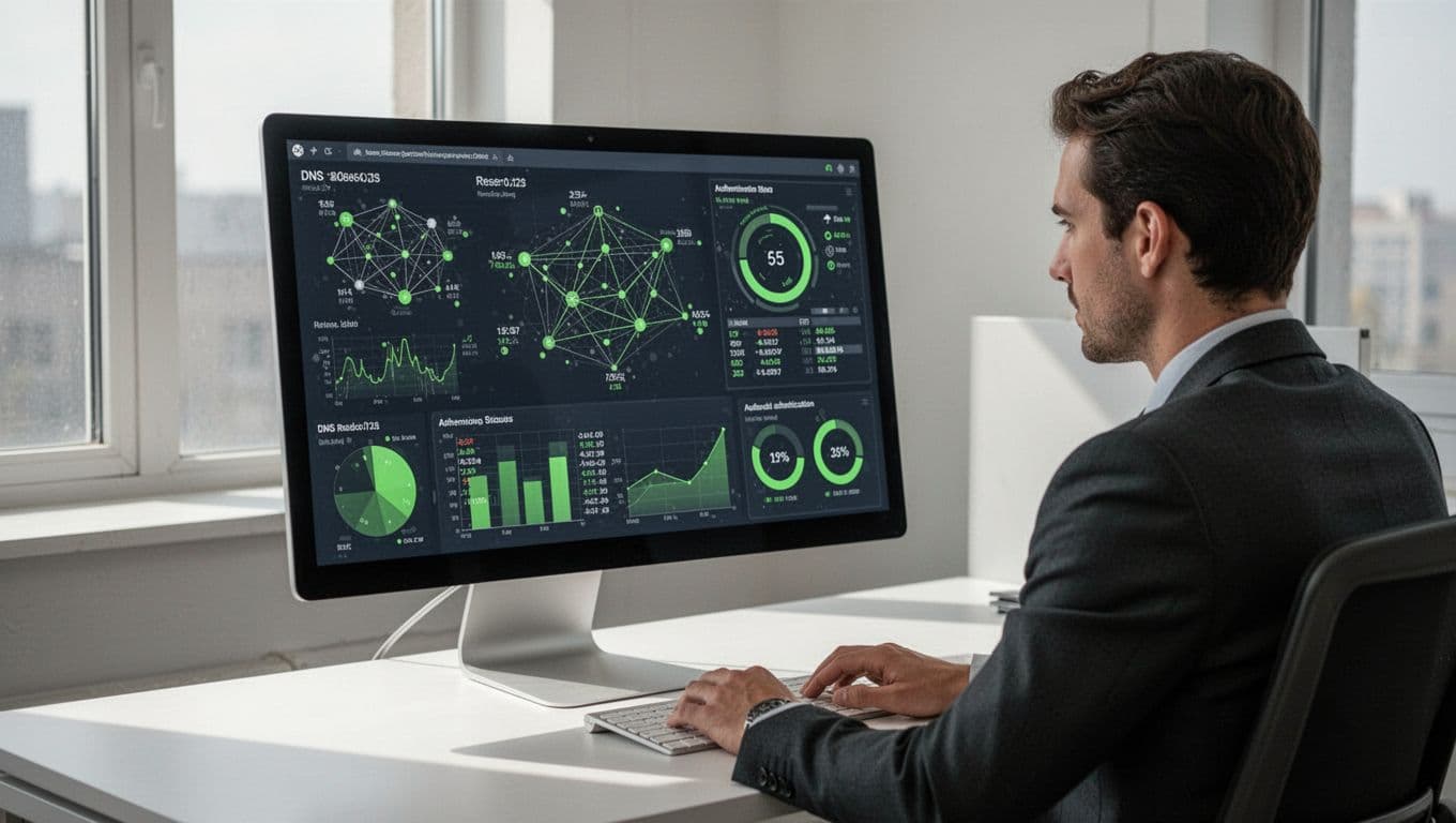 A person analyzes network diagrams and authentication data on a desktop computer screen.