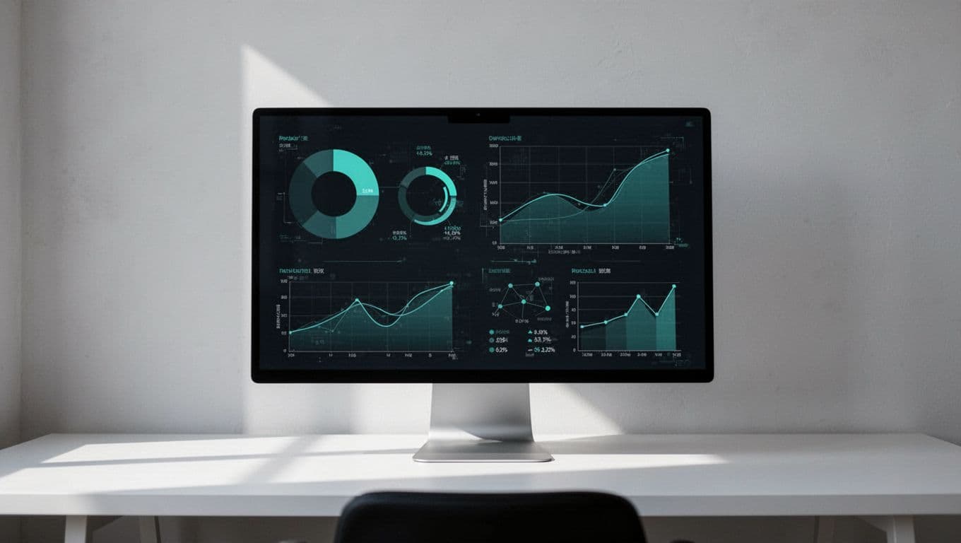 A digital interface displays professional credentials and analytical data against a neutral grey background.