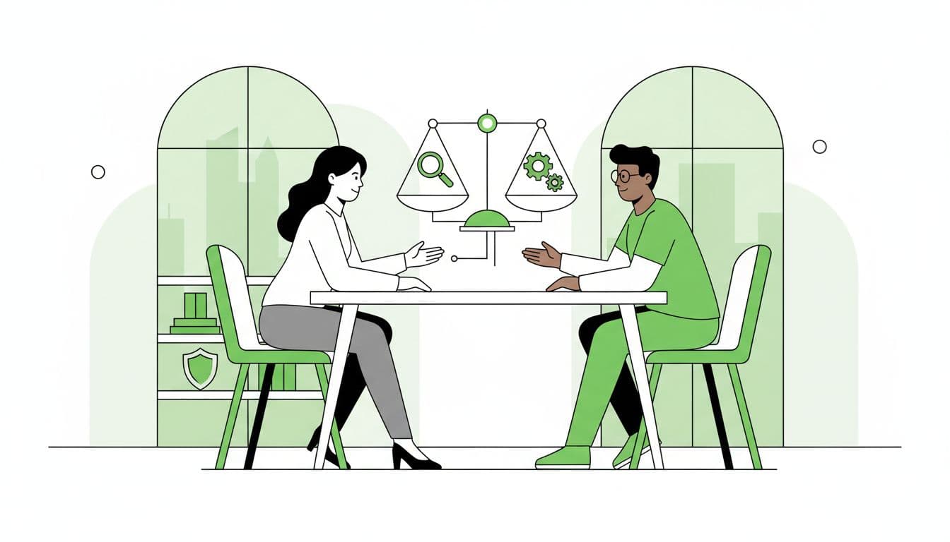 Two individuals sit at a sleek table in a brightly lit office, engaged in a professional discussion. Bold green geometric accents highlight the collaborative atmosphere surrounding the seated pair.