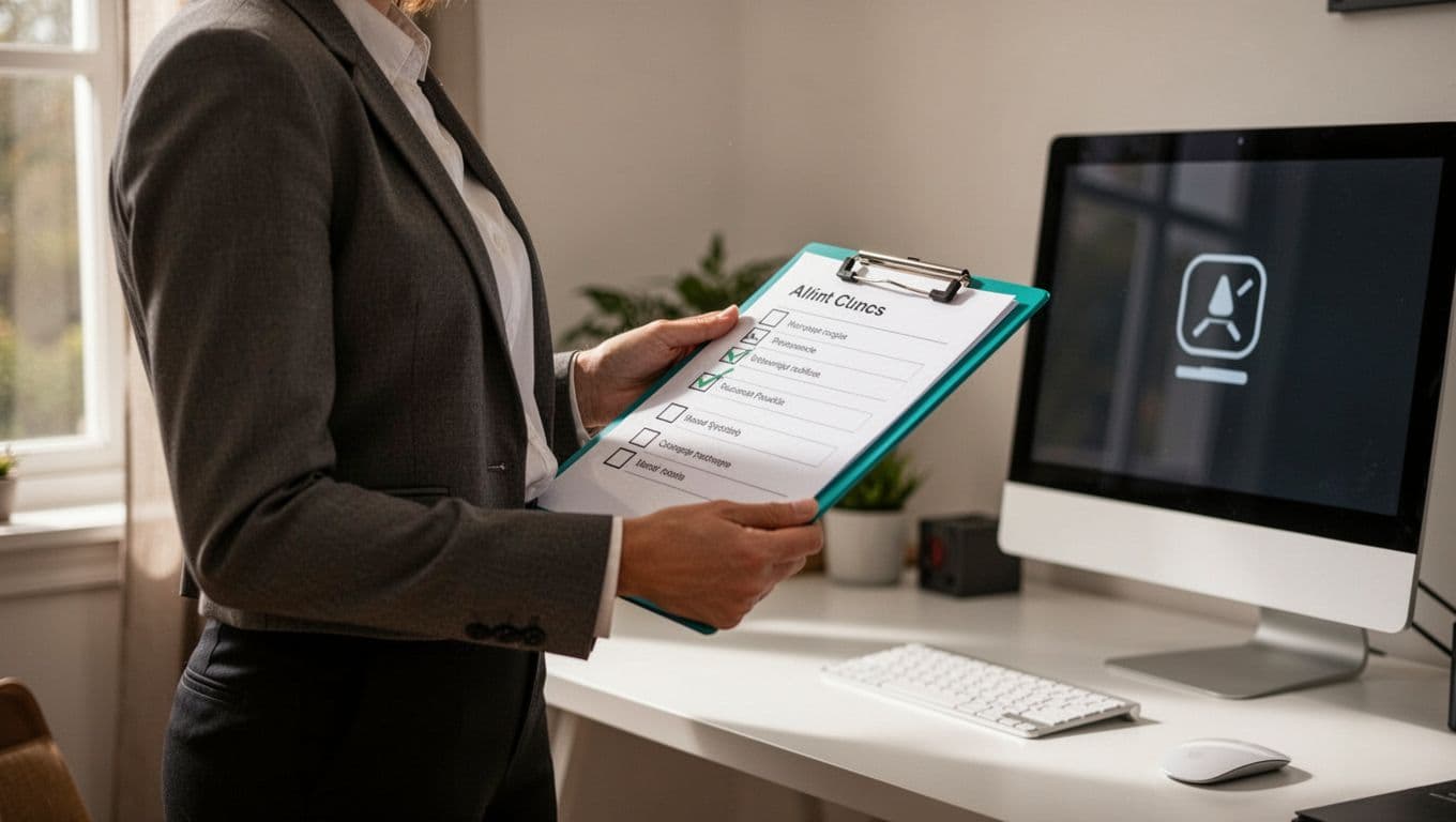 Professional holds clipboard with checklist in home office, computer screen shows alert notification.
