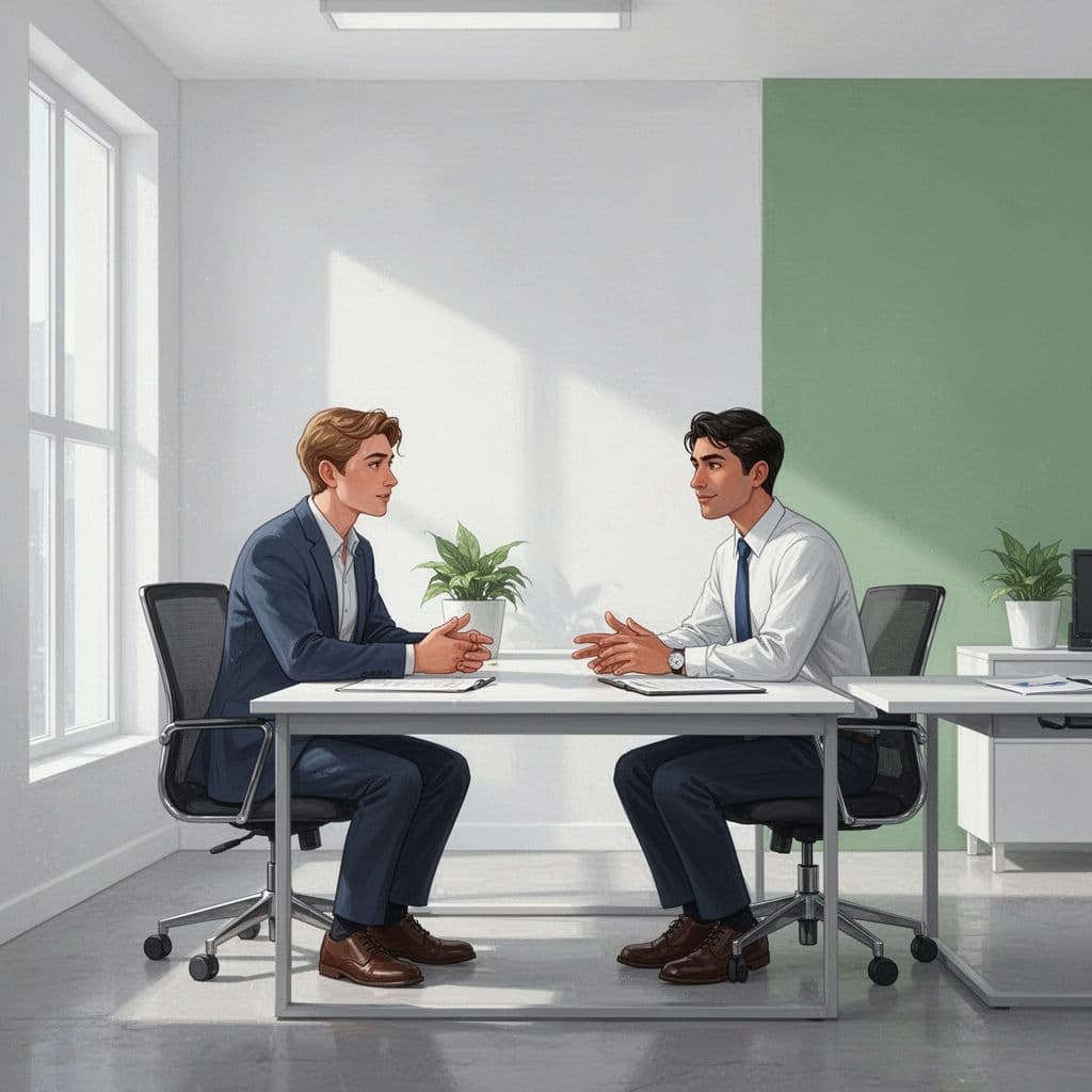 Two professionals discuss in a bright office with green accents.