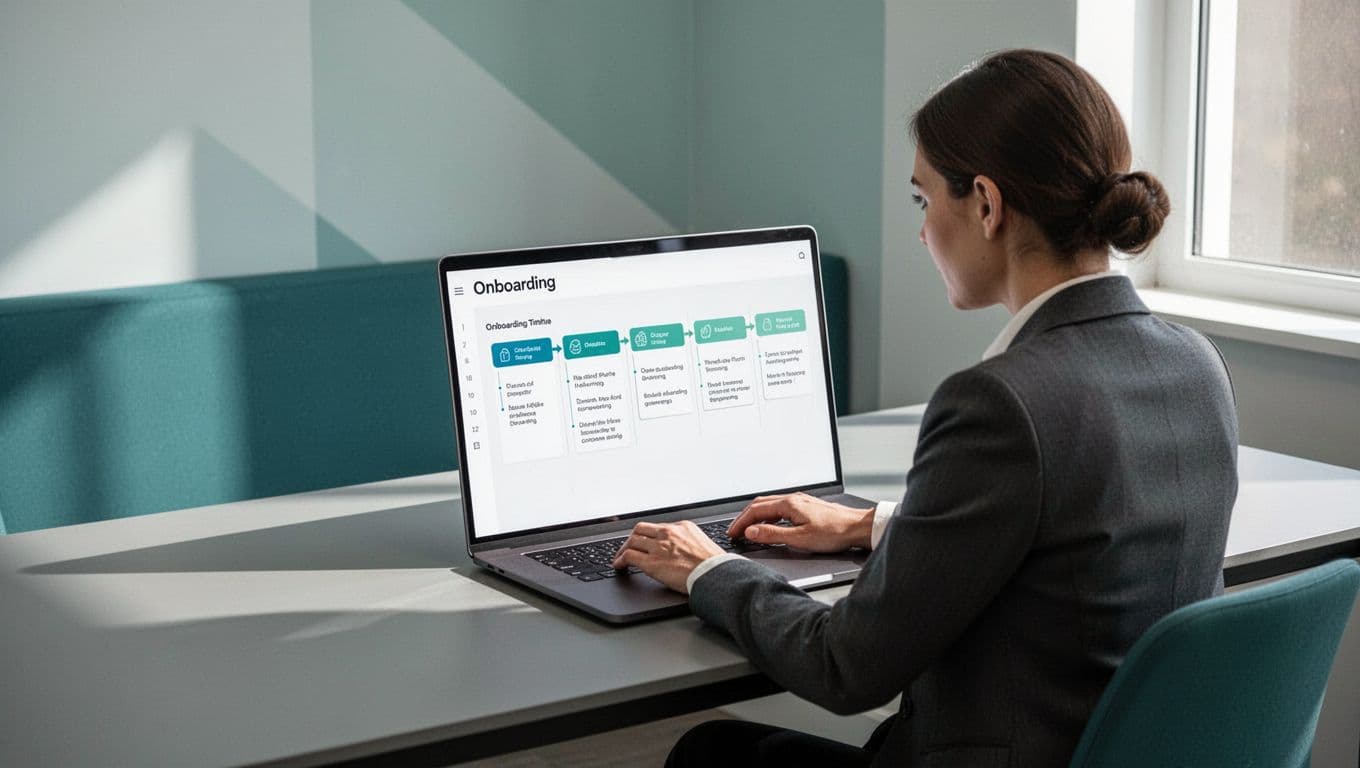 A professional manager works on a laptop to create a structured strategic plan at a clean desk.