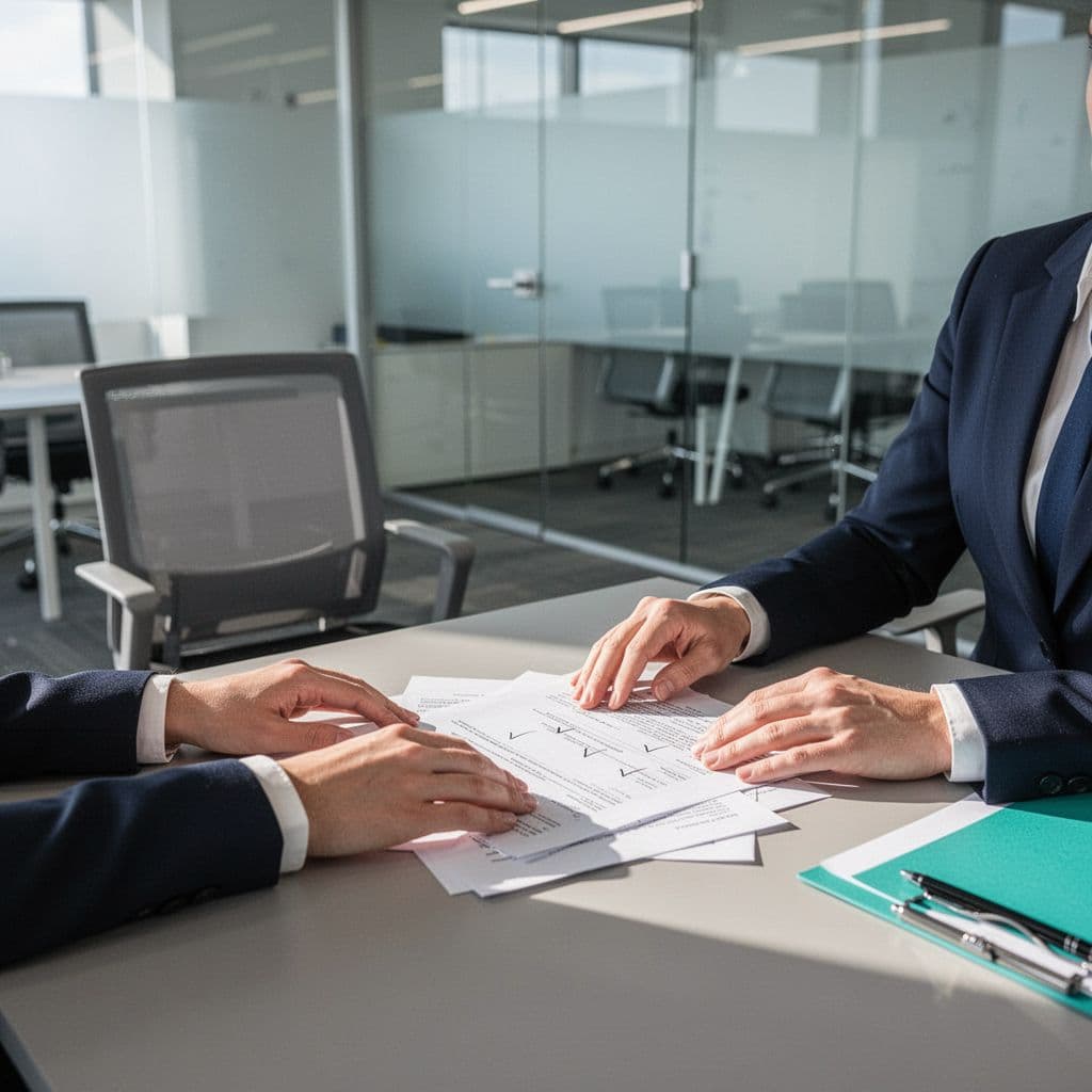 Professional at desk reviews offboarding papers with checklist and secure delete icons, empty chair nearby in modern office.