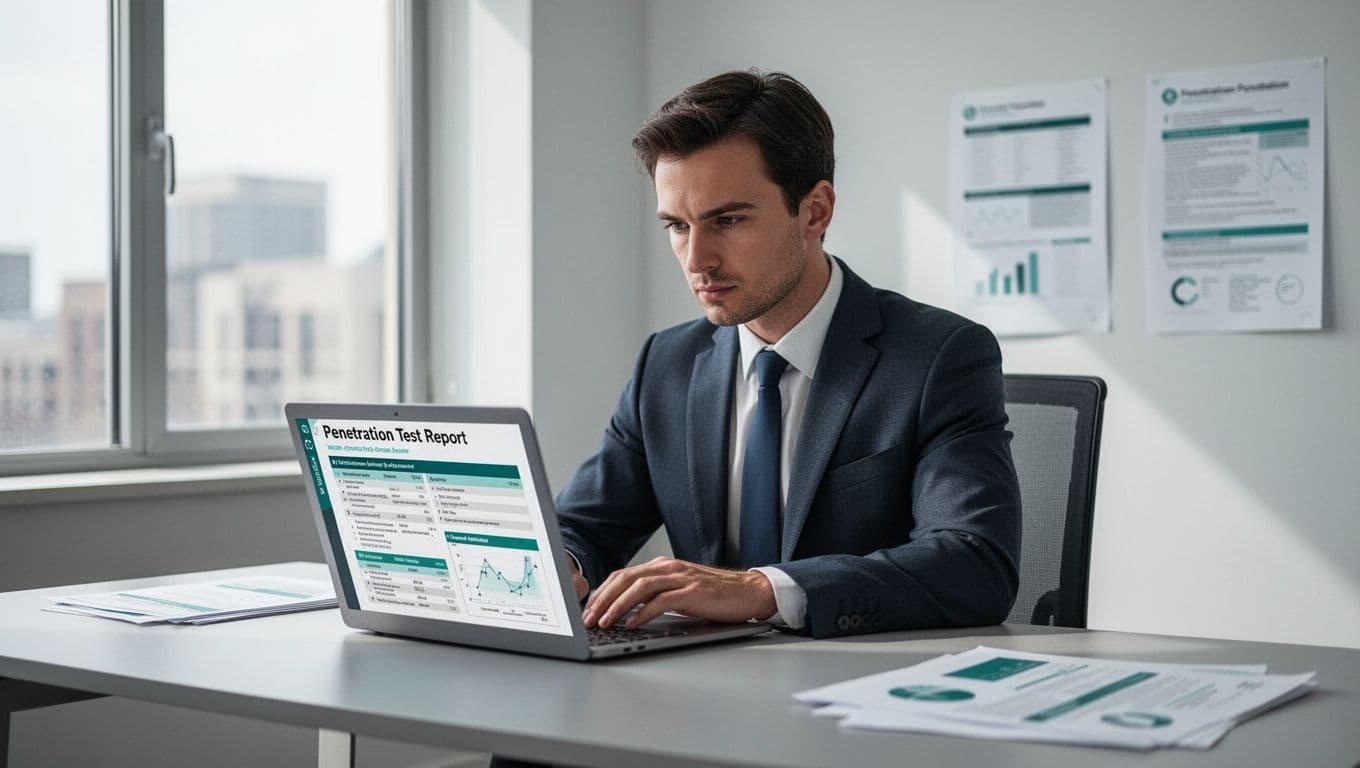 Focused professional examines penetration test report on laptop at desk in clean office.