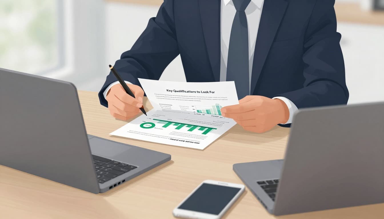 Suited professional at office desk examines compliance documents and green-accented risk charts on laptop.