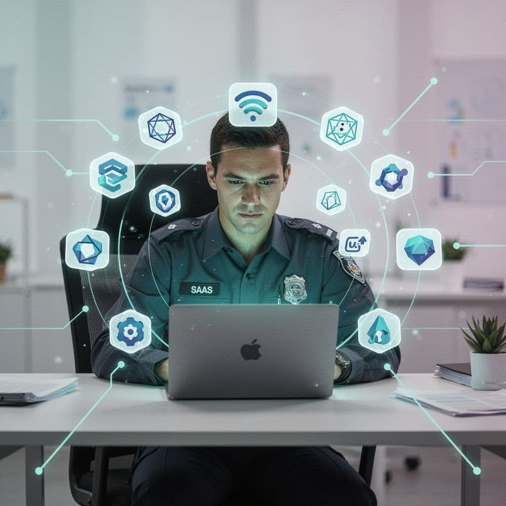 A professional examines a digital dashboard of floating application icons on a glowing laptop screen.