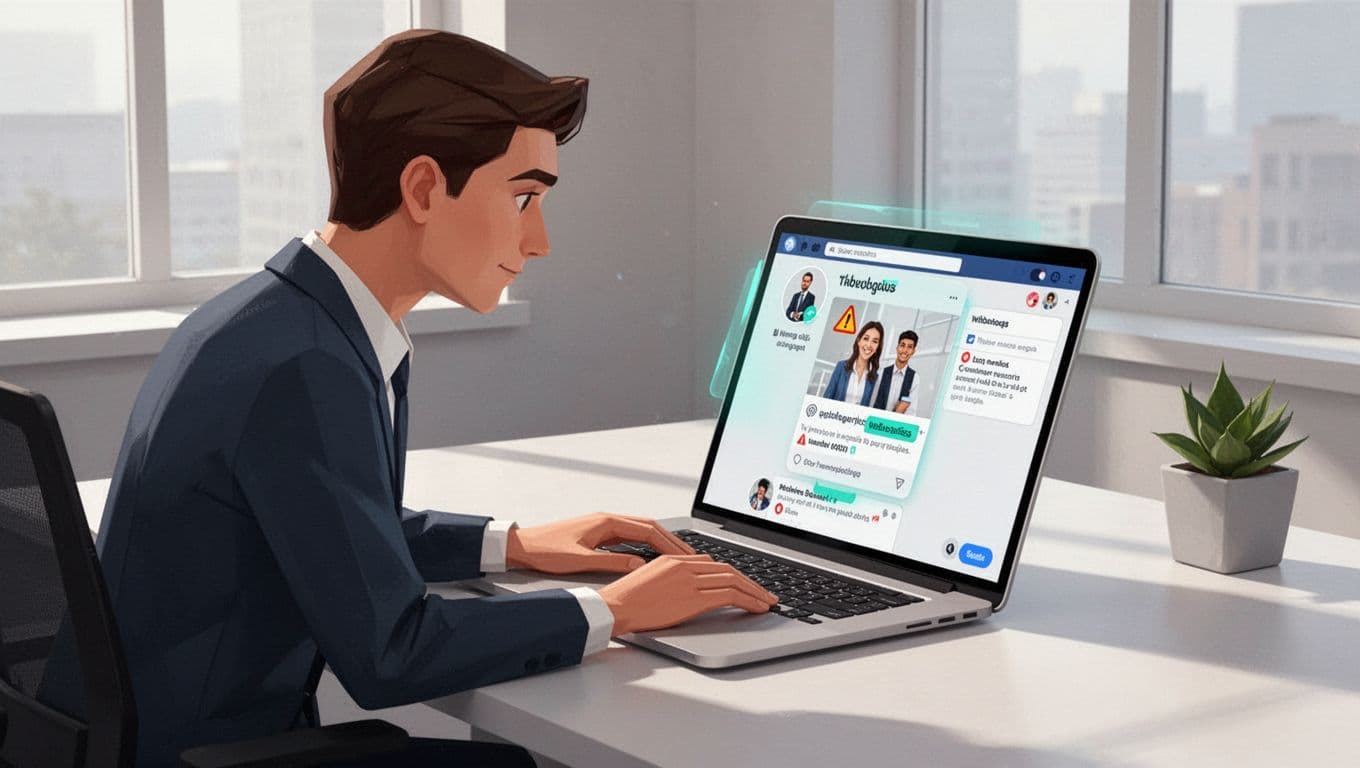 Marketing professional at desk examines angled laptop screen showing fake profile with mismatched logos and odd URLs.