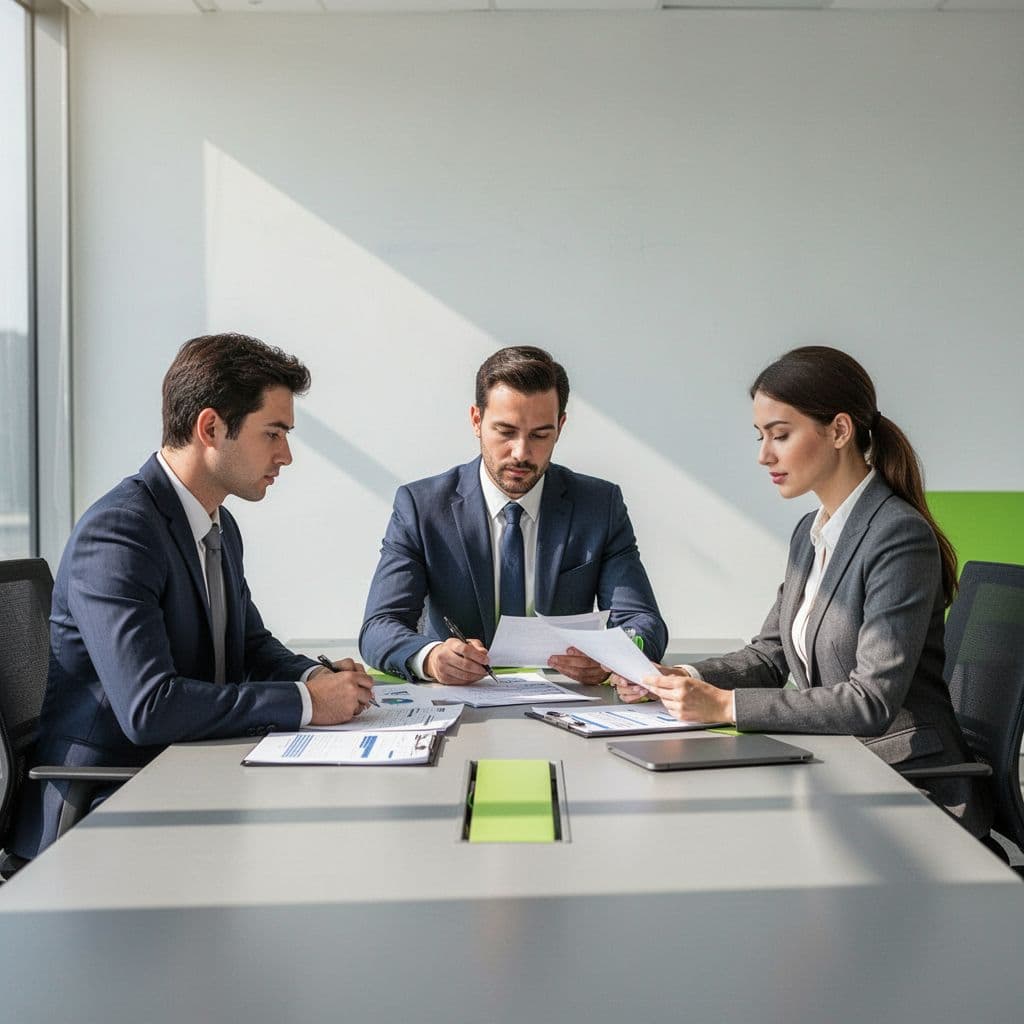 Three professionals review documents and discuss strategy together at a modern conference table.