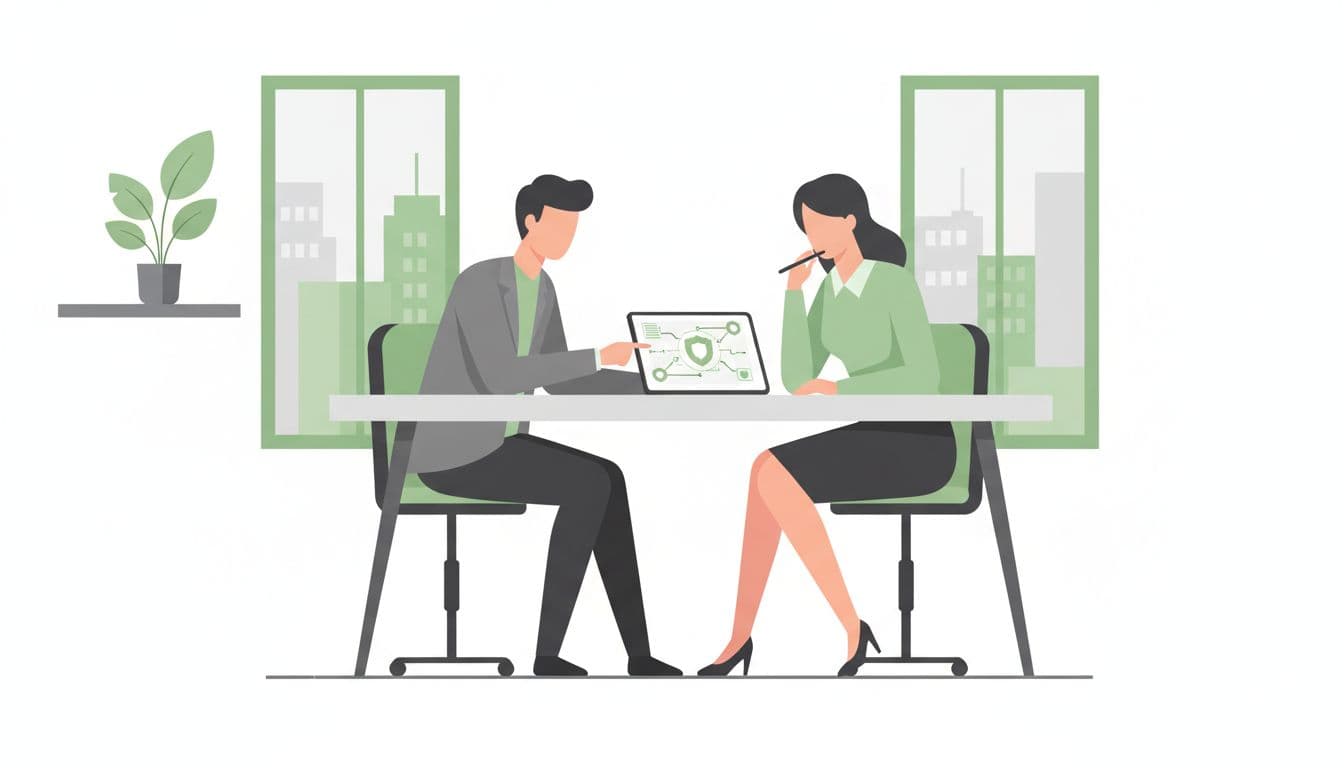 Two professionals sit at a desk engaging in a collaborative technical discussion within a modern office.