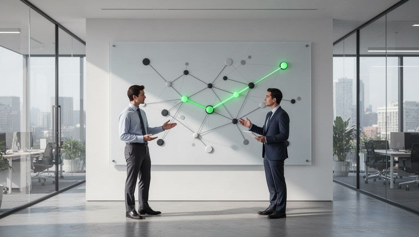 Two professionals stand before a large minimalist digital interface with abstract nodes and connected green paths.