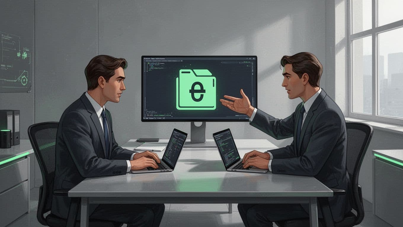 Two professionals in secure office discuss over laptops, one pointing to screen with encrypted files.