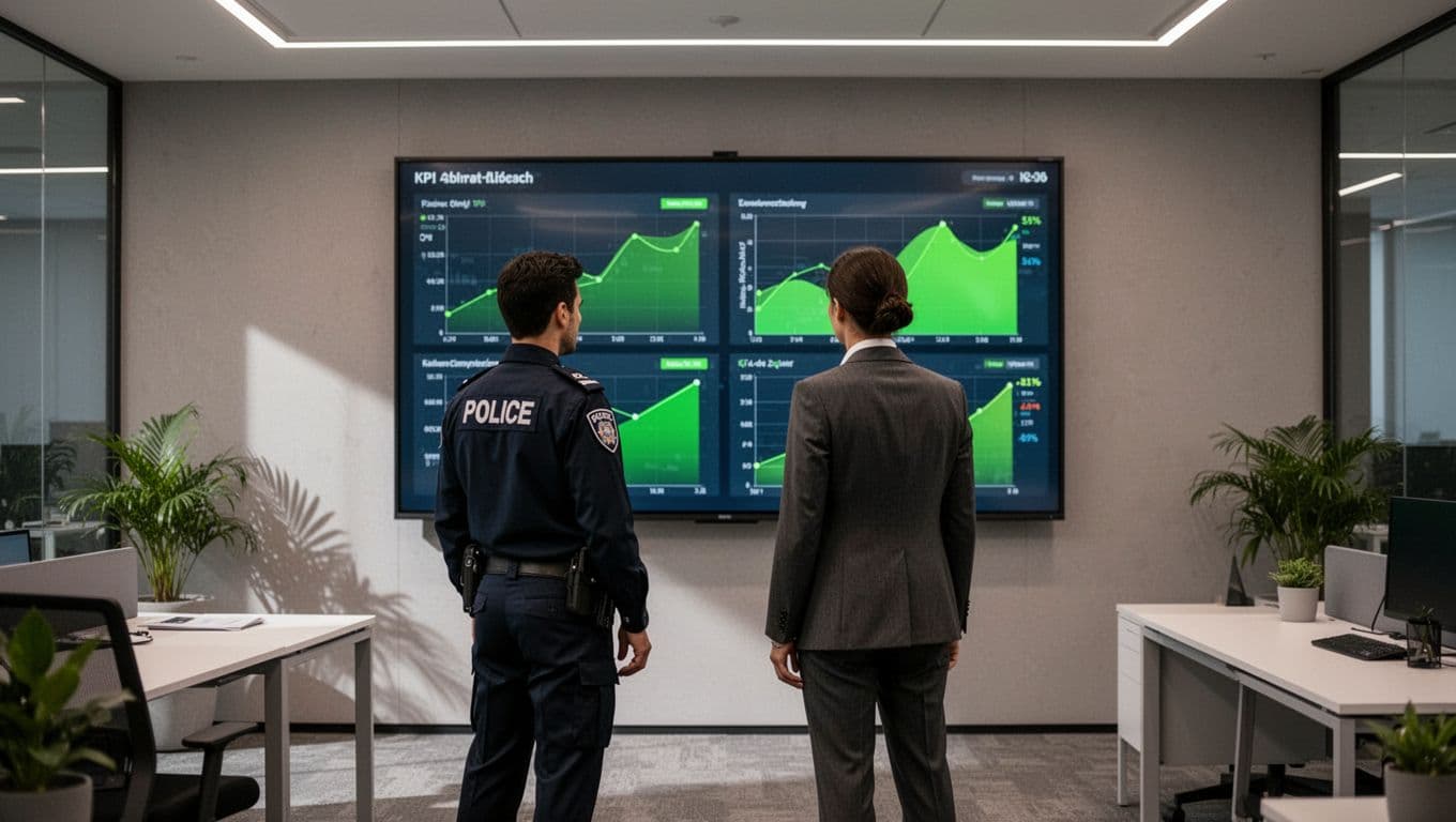 Two professionals stand in modern office viewing wall-mounted dashboard with green-highlighted KPI graphs.