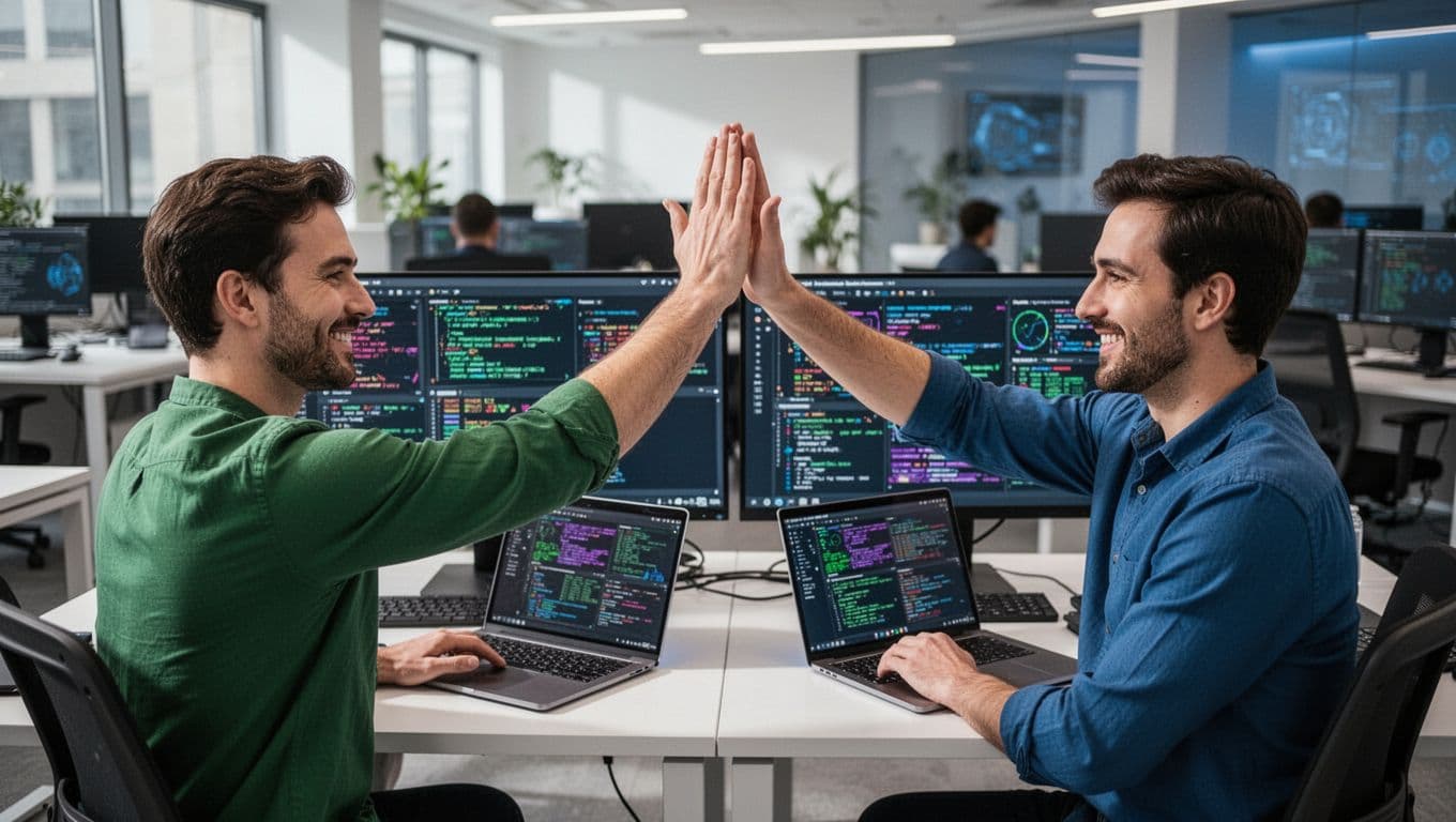 Two cybersecurity professionals high-five at shared desk with laptops showing detection dashboards in open office.