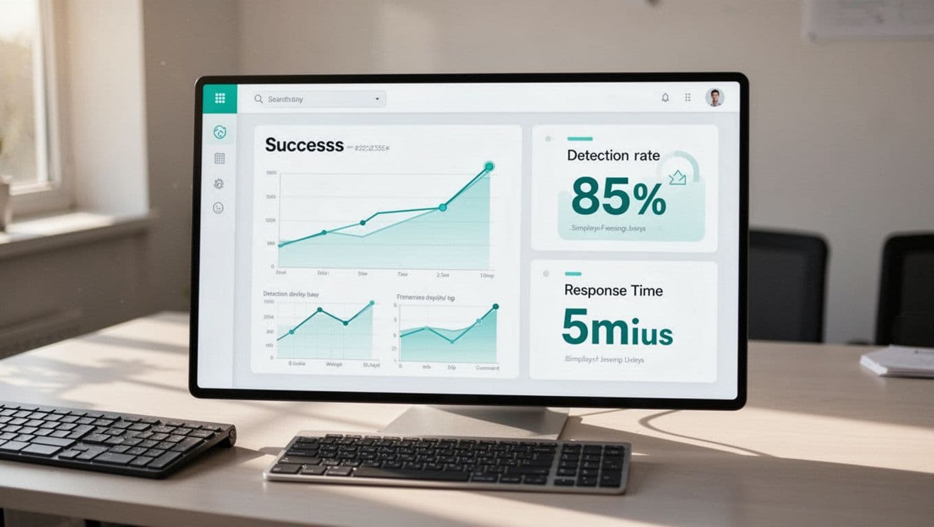 Office desk with keyboard beside screen displaying purple team metrics dashboard: 85% detection rate, 5 min response time, simple charts.