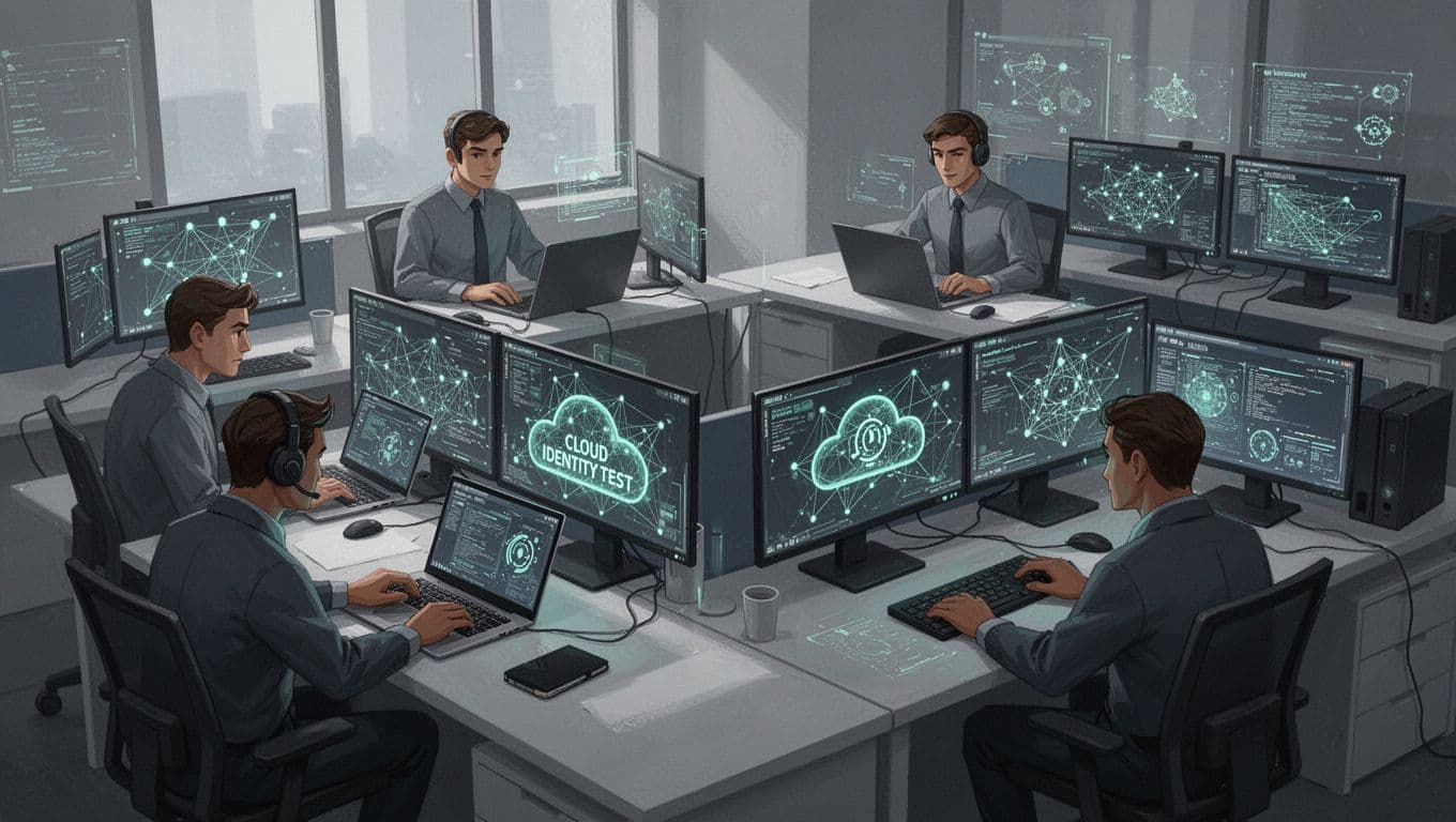 Two red teamers at laptops simulate cloud attacks; two blue teamers at monitors detect responses in shared room with network map screens.