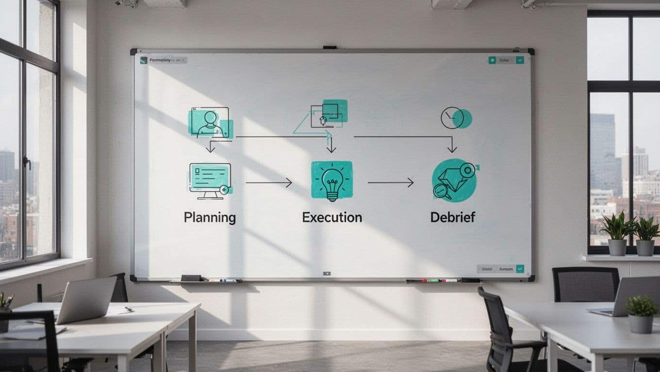 Digital whiteboard shows step-by-step purple team workflow with icons for planning, execution, detection, debrief, connected by arrows.