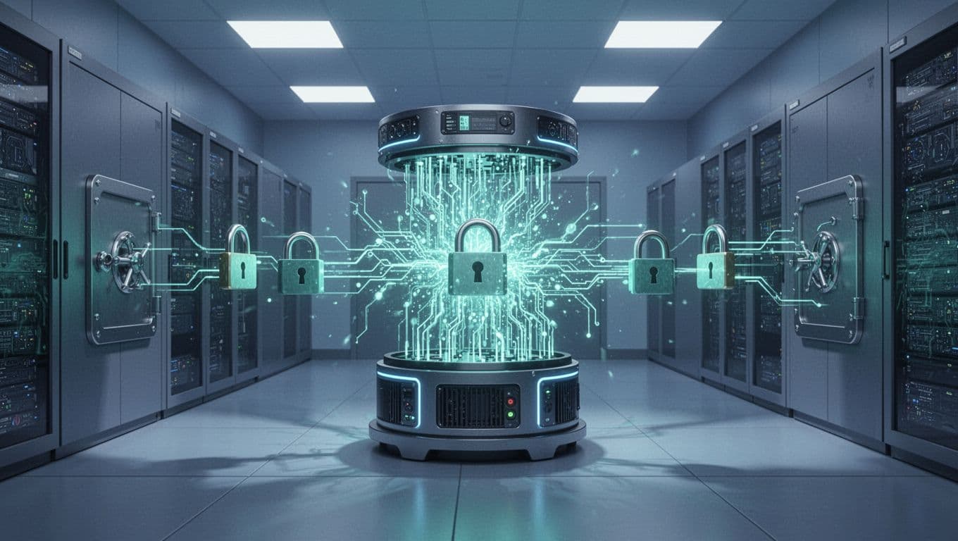 Quantum computer in sleek data center with glowing qubits breaking digital locks on encrypted data vaults.