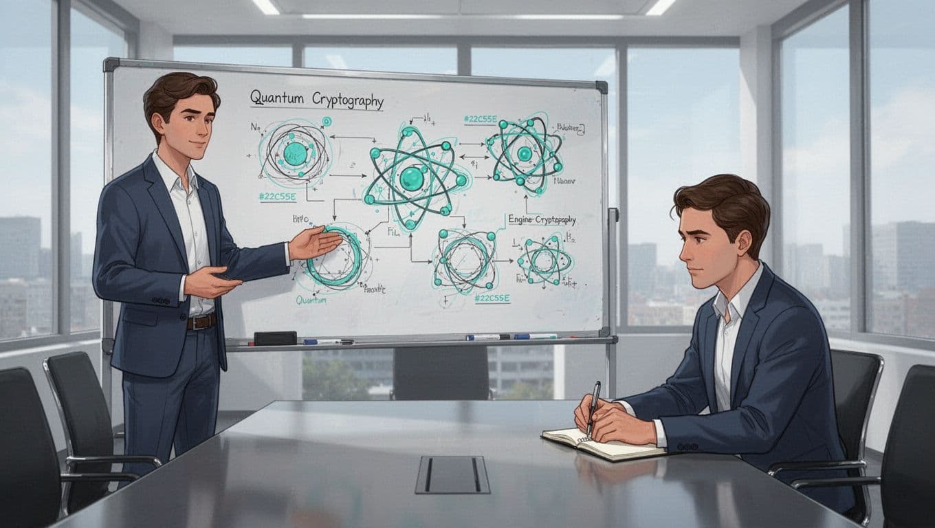 Engineer presents quantum crypto diagrams on whiteboard as interviewer takes notes in modern conference room.