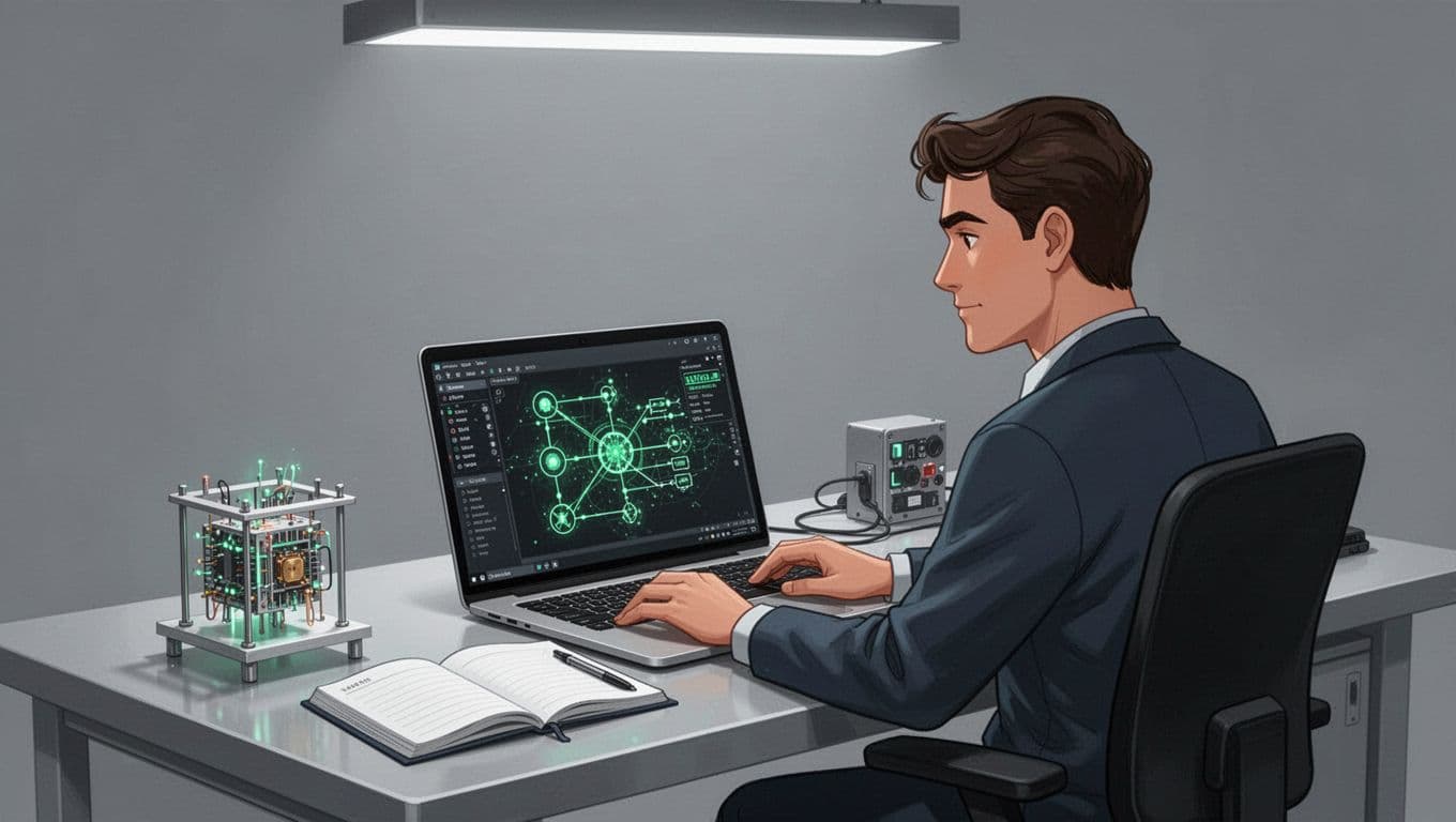 Quantum cryptography engineer seated at modern workstation in secure lab, laptop showing quantum circuits and encryption symbols.